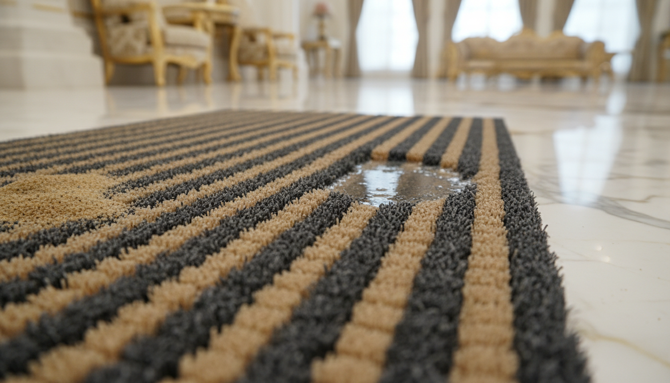 Close-up of a luxury Italian doormat demonstrating dust trapping and water absorption technology.